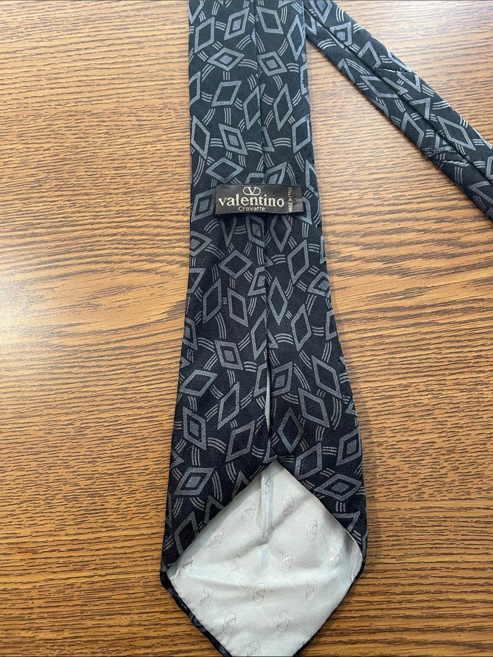 Valentino Black Tie with Gray Geometric Motif, 60 length, 3.5 wide